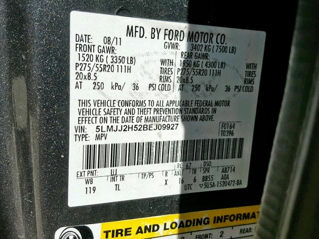 5LMJJ2H52BEJ09927 - 2011 LINCOLN NAVIGATOR 灰色 照片 10