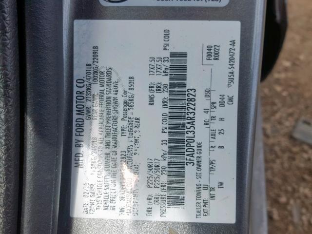 3FADP0L35AR322823 - 2010 FORD FUSION HYB GRAY photo 10