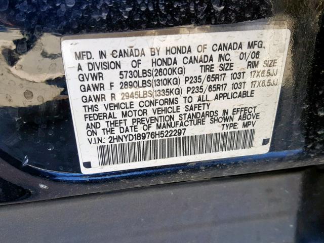 2HNYD18976H522297 - 2006 ACURA MDX TOURIN BLACK photo 10