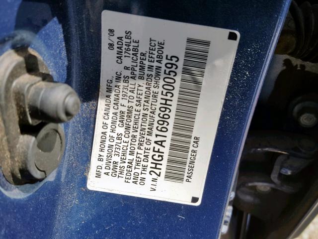 2HGFA16969H500595 - 2009 HONDA CIVIC EXL BLUE photo 10