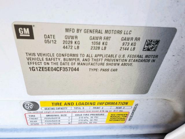 1G1ZE5E04CF357044 - 2012 CHEVROLET MALIBU LTZ 白色 照片 10