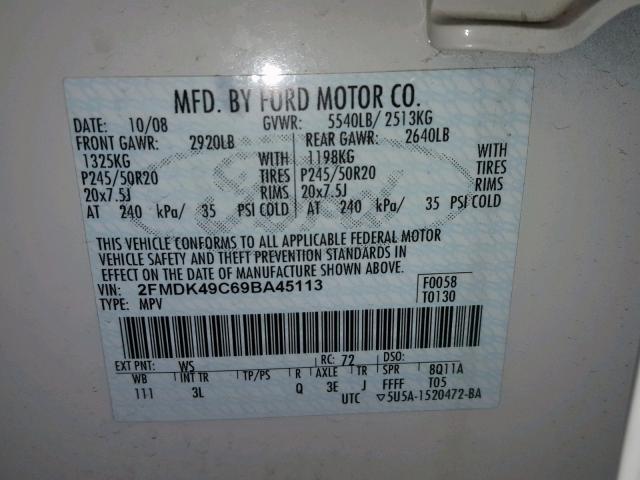 2FMDK49C69BA45113 - 2009 FORD EDGE LIMIT WHITE photo 10