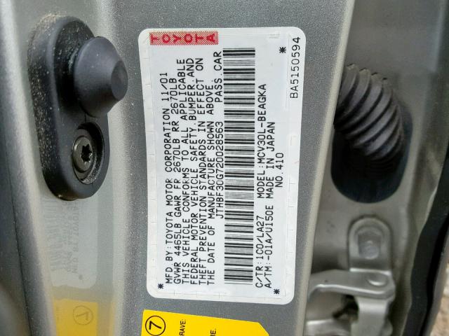 JTHBF30G720028563 - 2002 LEXUS ES 300 SILVER photo 10