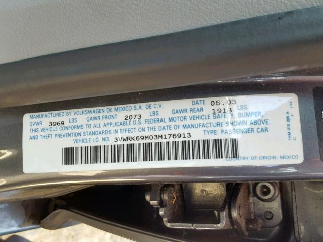 3VWRK69M03M176913 - 2003 VOLKSWAGEN JETTA GL GRAY photo 10