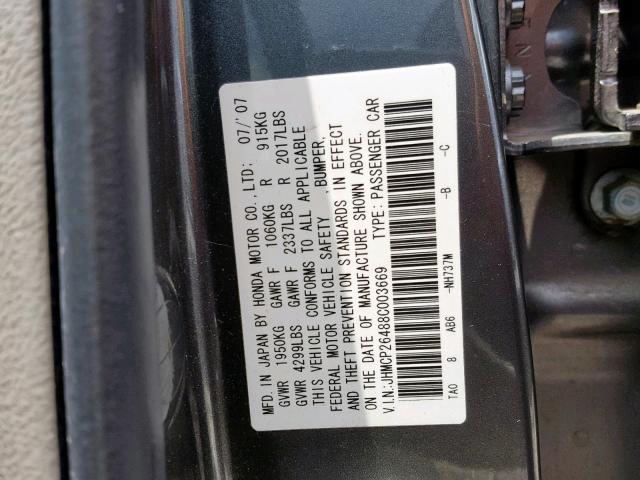 JHMCP26488C003669 - 2008 HONDA ACCORD LXP GRAY photo 10