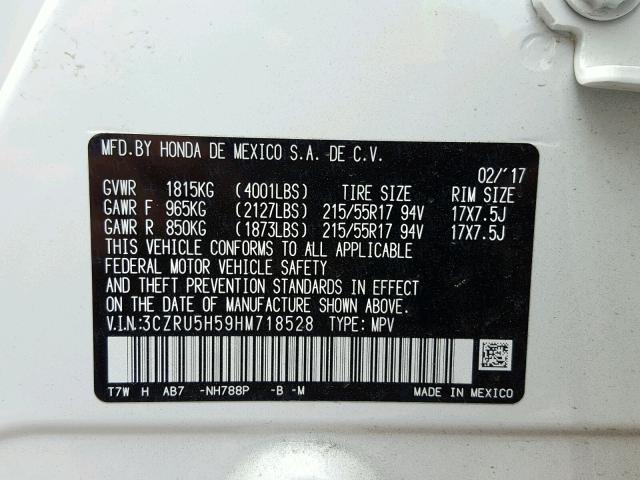 3CZRU5H59HM718528 - 2017 HONDA HR-V EX WHITE photo 10