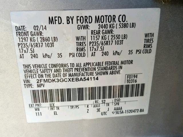 2FMDK3GCXEBA54114 - 2014 FORD EDGE SE SILVER photo 10