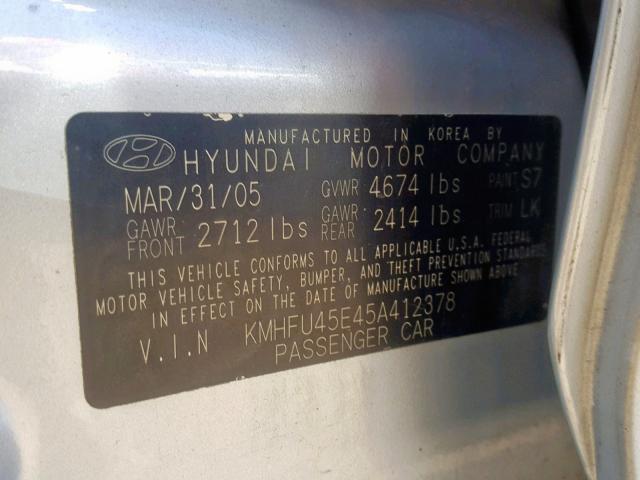 KMHFU45E45A412378 - 2005 HYUNDAI XG 350 SILVER photo 10