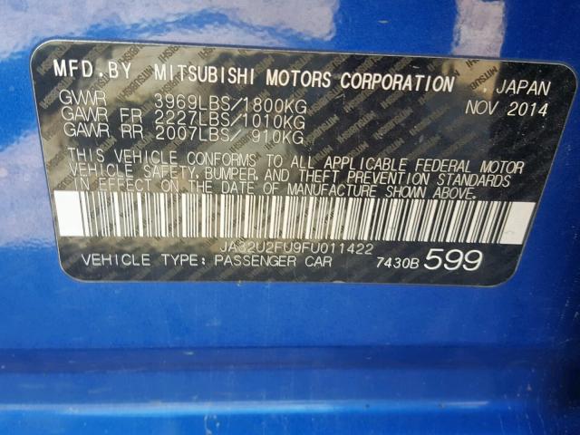 JA32U2FU9FU011422 - 2015 MITSUBISHI LANCER ES BLUE photo 10