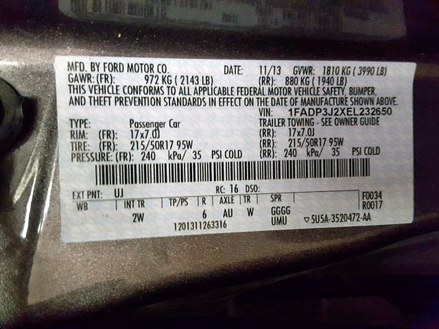 1FADP3J2XEL232650 - 2014 FORD FOCUS TITA CHARCOAL photo 10