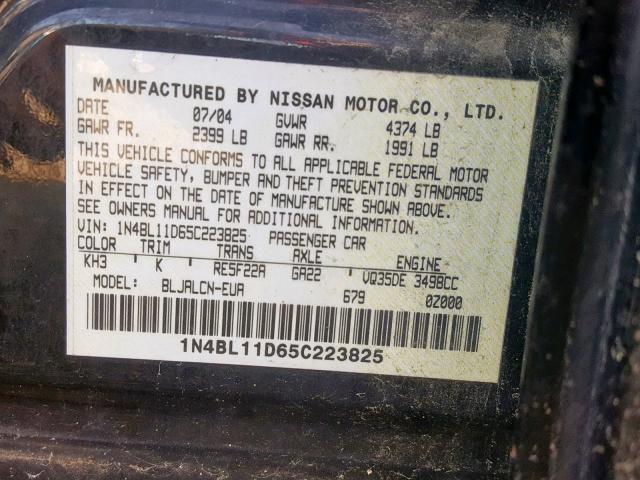 1N4BL11D65C223825 - 2005 NISSAN ALTIMA SE BLACK photo 10