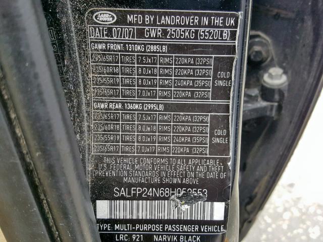 SALFP24N68H052553 - 2008 LAND ROVER LR2 SE BLACK photo 10