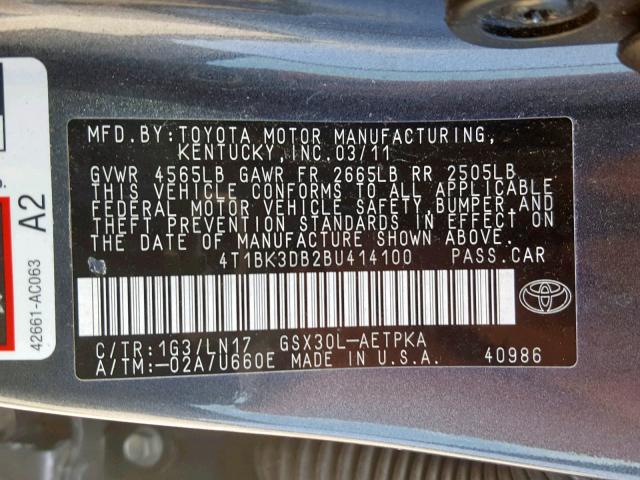 4T1BK3DB2BU414100 - 2011 TOYOTA AVALON BAS GRAY photo 10