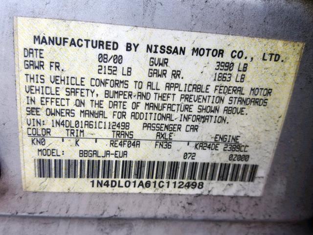 1N4DL01A61C112498 - 2001 NISSAN ALTIMA GXE SILVER photo 10