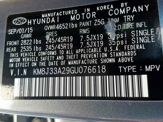 KM8J33A29GU076618 - 2016 HYUNDAI TUCSON LIM GRAY photo 10