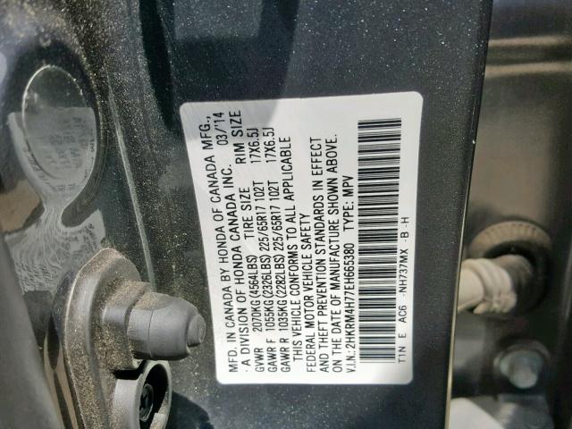 2HKRM4H77EH665380 - 2014 HONDA CR-V EXL CHARCOAL photo 10