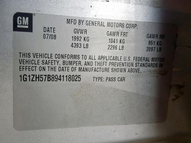 1G1ZH57B894118025 - 2009 CHEVROLET MALIBU 1LT SILVER photo 10