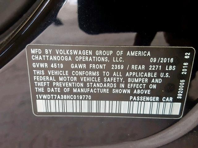 1VWDT7A38HC019770 - 2017 VOLKSWAGEN PASSAT R-L BLACK photo 10