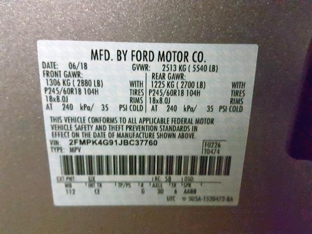 2FMPK4G91JBC37760 - 2018 FORD EDGE SE SILVER photo 10