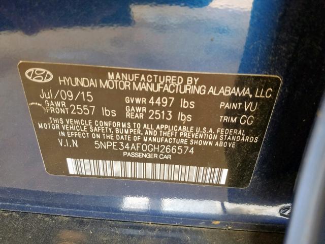 5NPE34AF0GH266574 - 2016 HYUNDAI SONATA SPO BLUE photo 10