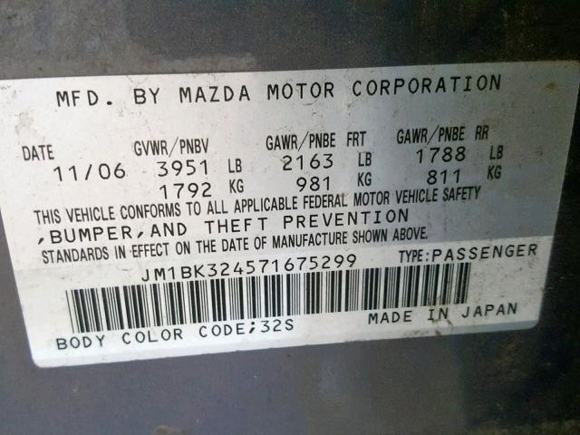 JM1BK324571675299 - 2007 MAZDA 3 S GRAY photo 10