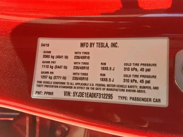 5YJ3E1EA0KF312295 - 2019 TESLA MODEL 3 RED photo 10