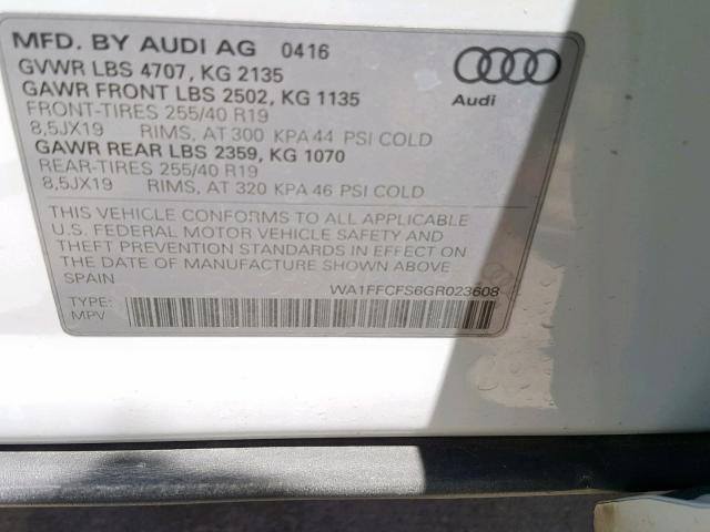 WA1FFCFS6GR023608 - 2016 AUDI Q3 PRESTIG WHITE photo 10