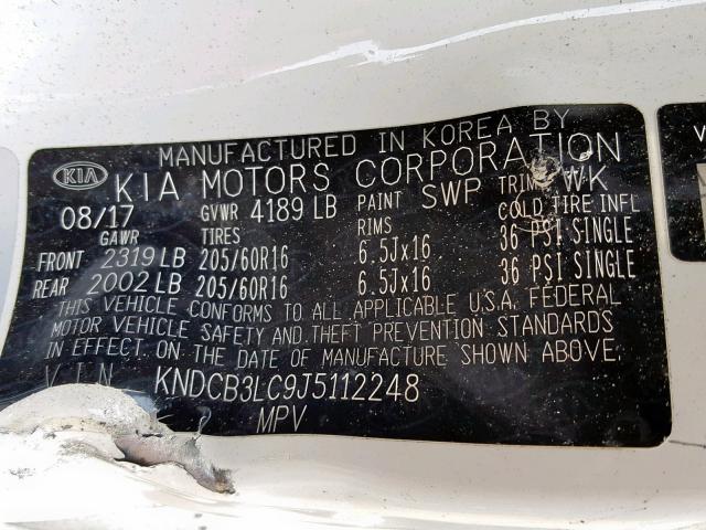 KNDCB3LC9J5112248 - 2018 KIA NIRO FE WHITE photo 10