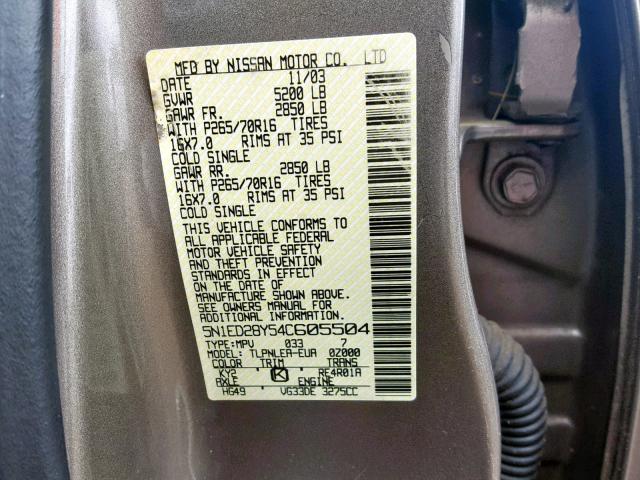 5N1ED28Y54C605504 - 2004 NISSAN XTERRA XE GRAY photo 10