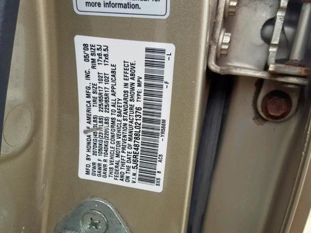 5J6RE48788L021376 - 2008 HONDA CR-V EXL GOLD photo 10