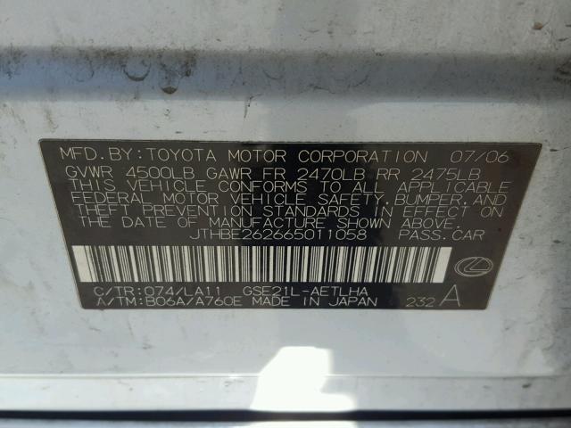 JTHBE262665011058 - 2006 LEXUS IS 350 WHITE photo 10