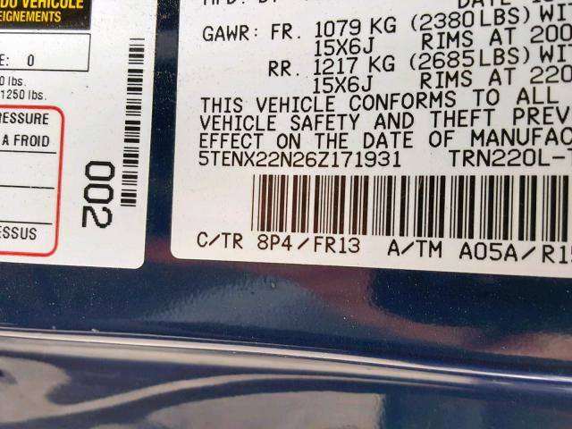 5TENX22N26Z171931 - 2006 TOYOTA TACOMA BLUE photo 10