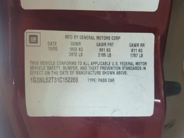 1G3NL52T31C152288 - 2001 OLDSMOBILE ALERO GL MAROON photo 10