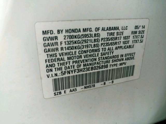 5FNYF3H23EB026898 - 2014 HONDA PILOT LX WHITE photo 10