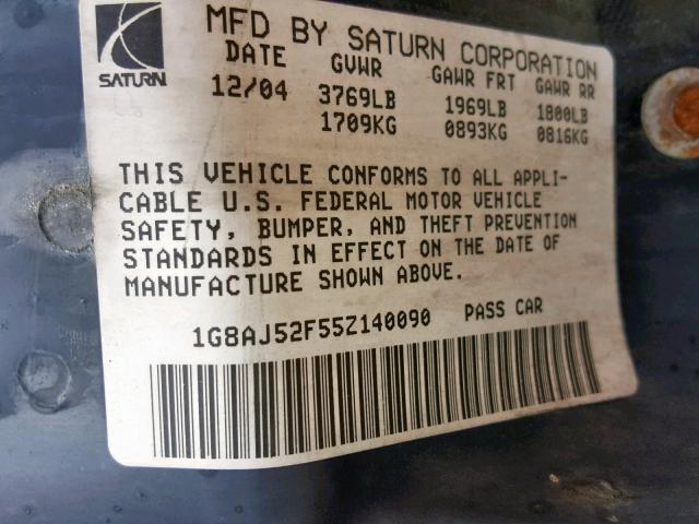 1G8AJ52F55Z140090 - 2005 SATURN ION LEVEL SILVER photo 10