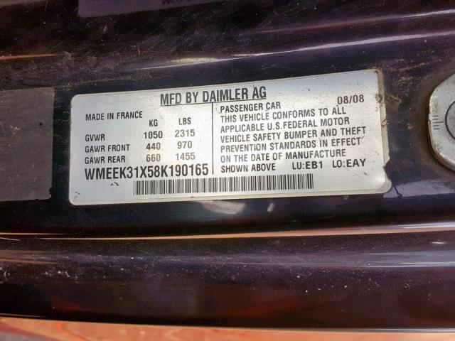 WMEEK31X58K190165 - 2008 SMART FORTWO PAS 红色 照片 10