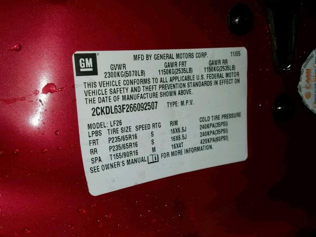 2CKDL63F266092507 - 2006 PONTIAC TORRENT RED photo 10