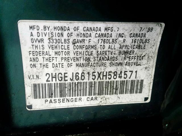 2HGEJ6615XH584571 - 1999 HONDA CIVIC BASE GREEN photo 10