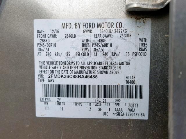 2FMDK36C88BA46485 - 2008 FORD EDGE SE GRAY photo 10