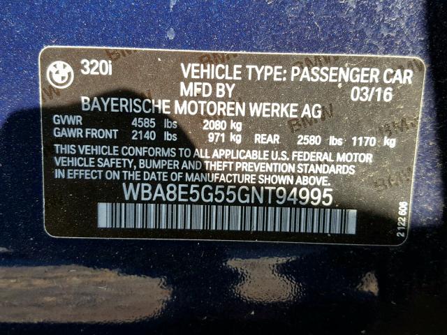 WBA8E5G55GNT94995 - 2016 BMW 320 XI BLUE photo 10