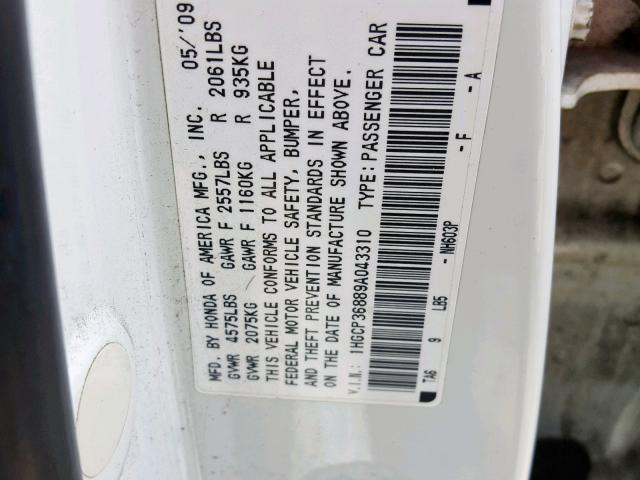 1HGCP36889A043310 - 2009 HONDA ACCORD EXL WHITE photo 10