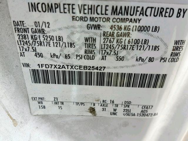 1FD7X2ATXCEB25427 - 2012 FORD F-250 WHITE photo 10