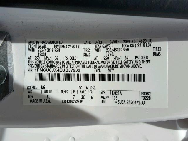 1FMCU0JX4EUB37936 - 2014 FORD ESCAPE TIT WHITE photo 10