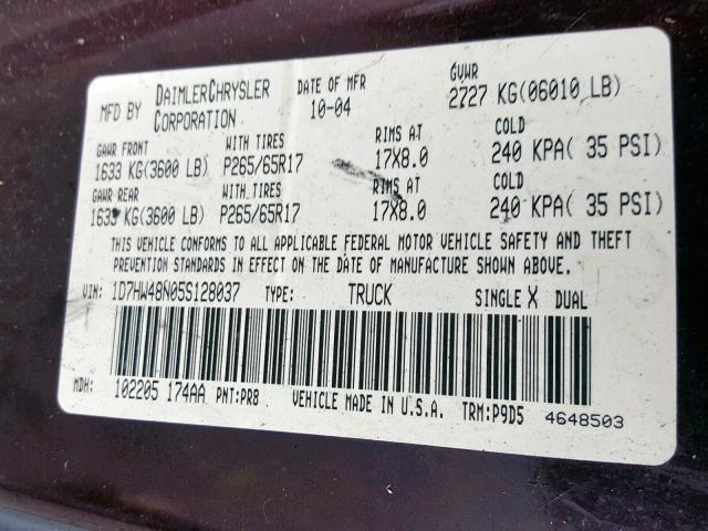 1D7HW48N05S128037 - 2005 DODGE DAKOTA QUA PURPLE photo 10