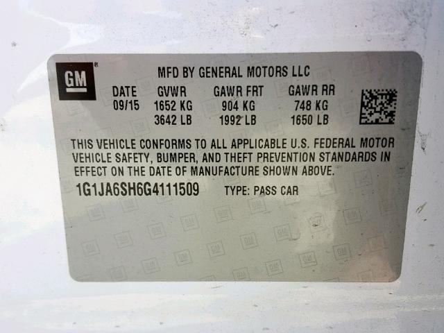 1G1JA6SH6G4111509 - 2016 CHEVROLET SONIC LS 白色 照片 10