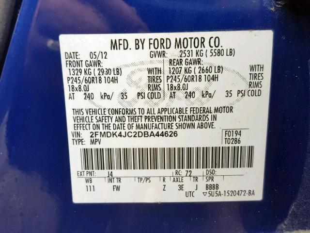 2FMDK4JC2DBA44626 - 2013 FORD EDGE SEL BLUE photo 10