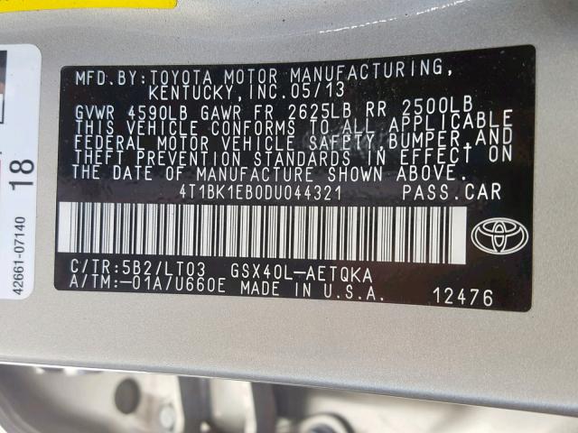 4T1BK1EB0DU044321 - 2013 TOYOTA AVALON BAS SILVER photo 10