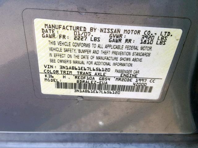 3N1AB61E67L656120 - 2007 NISSAN SENTRA 2.0 GRAY photo 10