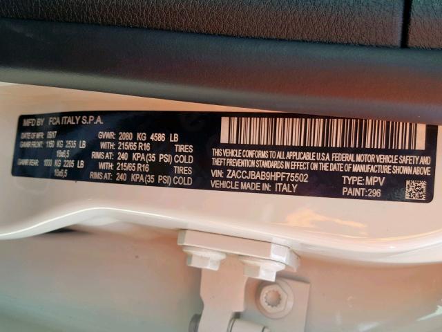 ZACCJBAB9HPF75502 - 2017 JEEP RENEGADE S თეთრი ფოტო 10