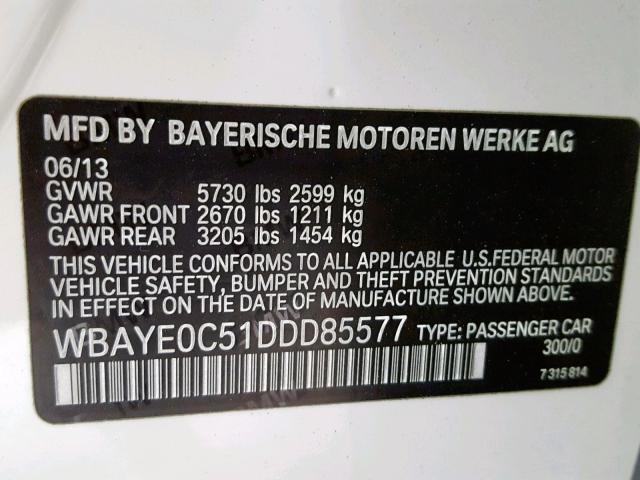 WBAYE0C51DDD85577 - 2013 BMW 740 LI WHITE photo 10